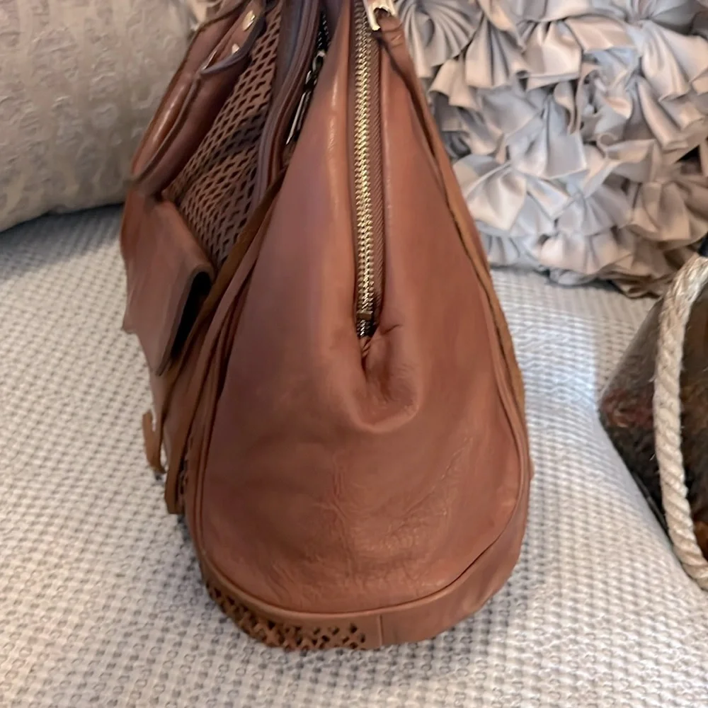 Rebecca Minkoff Cognac Tan Brown Leather Satchel Laptop Carry On Tote Bag Purse